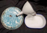3 pc. vintage enamelware including spout, marble, and marked SWEDEN