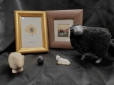 Precious sheep grouping including stone and wool, and framed