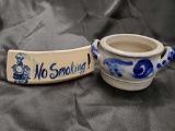 (2) vintage blue painted Stoneware Earthenware crock pieces including NO SMOKING