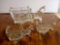 TRIO OF OLD CLEAR GLASS MATCHING HORSE AND WAGON CANDY DECANTERS, (2) SMALL (1) LARGE