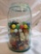 Antique Mason's 1858 blue jar full of marbles and dice
