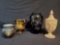 Almost Antique black AMETHYST etched vase, Westmoreland Almond Glass, and pitchers