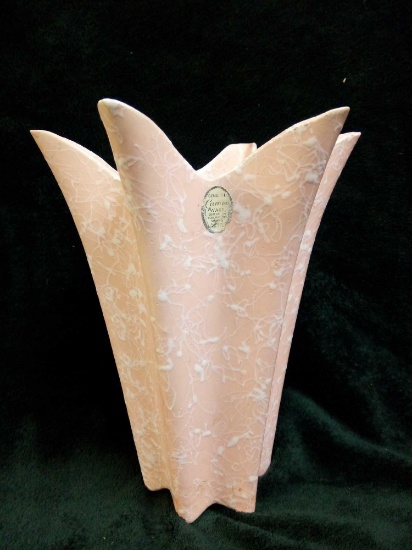 Vintage Shawnee Pottery Cameo Ware Splatter Vase White on Pink