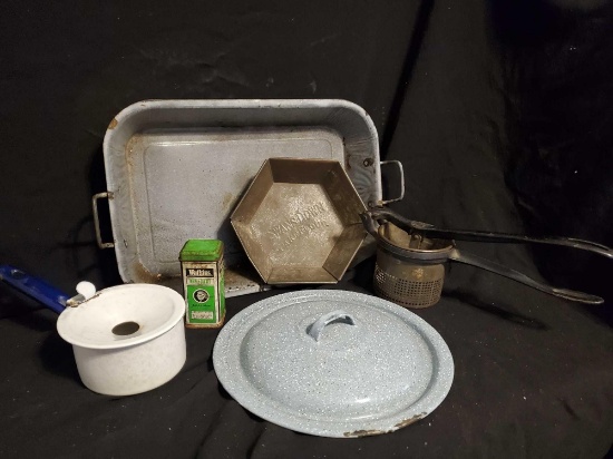 Vintage kitchen grouping including masher with CAST IRON handle, Watkins Cloves tin and more