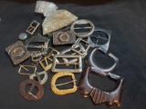 Vintage and antique buckle grouping including bag of Sequence and pearl bead embellishments