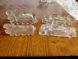 (4) CLEAT GLASS CANDY DECANTERS? (2) FIRETRUCKS (2) LOCOMOTIVES