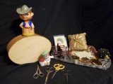 Vintage Frilly, Fancy, Sewing including BOBBLEHEAD pin cushion, scissors, and more