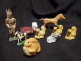 Tinies including Marbled plastic horse, Carved Oriental(?) rabbit, cast soldier, Wades(?),