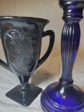 BLACK AMETHYST Glass Vase and COBALT Blue candle stick