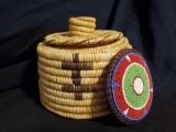 Native American creations- woven basket , leather and beads