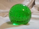 Vintage Green glass paperweight, controlled bubble