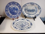 TRIO OF BLUE AND WHITE PLATTERS IRONSTONE INCLUDING JOHNSON BROTHERS COACHING SCENES, KENSINGTON,