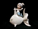 Vintage Lefton Ceramic Mermaid on Iridescent Fish Wall Plaque Figurine