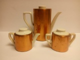 VINTAGE THREE-PIECE COPPER COVERED CERAMIC TEAPOT WITH SUGAR AND CREAM