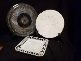 vintage Cake and party trays including MILK GLASS LACED