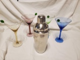 (4) Colorful Martini glasses with glass olive sticks and shaker