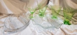 (3) Depresion glass Green footed glasses, 3- section, and Iris bowl