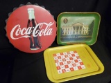 Trio of older and newer metal trays and wall art including COKE and Roosevelt