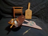 Vintage wood grouping including yarn Winder?, children's hangers, Mini washer stand