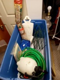 LARGE TOTE FULL OF GARDENING AND OUTSIDE FUN INCLUDING GARDEN LINERS, BURLAP, AND SPRAYER AND HOSE