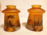 Vintage Hand Painted Small Glass Lamp Shade Trees Lake Mountain Orange Luster 2?