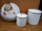 GROUP OF THREE ENAMELWARE, ONE RUSTIC CHARM, TWO CANISTERS