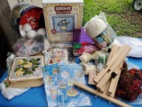 Huge grouping CRAFTING including Hook Rug, wooden stand, yarn, embroidery