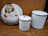 GROUP OF THREE ENAMELWARE, ONE RUSTIC CHARM, TWO CANISTERS