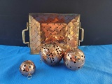 Copper Brass Decor including braided basket and hinged balls