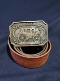Vintage BRASS belt buckle Leather Belt, Wells Fargo Stagecoach