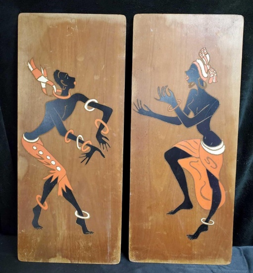 (2) Large Art panels - Jonero Mid Century Modern Vintage Art Calypso Dancers Wood Art