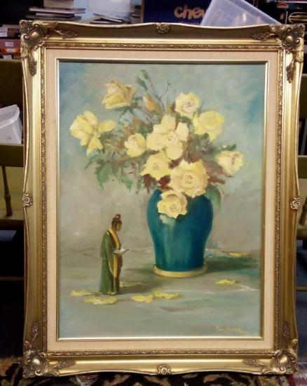 DECORATIVE GOLDEN FRAMED ORIGINAL ART WITH SIGNATURE, STILL LIFE FLORAL ORIENTAL