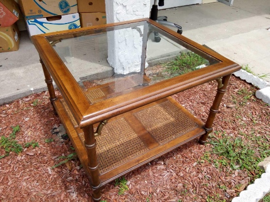 Vintage Wood Glass Faux Bamboo Table, Fret Wook Chinese Chippendale Palm Beach Cane Coffee Table