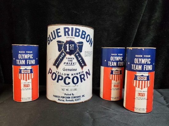 Vinatge Tin and Paper containers - Blue Ribbon Popcorn and LIFE OLYMPIC FUND collectors