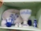 Blue and white shelf grouping including Pfaltzgraff, federal glass mixing bowl, cobalt and ceramic