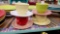 (8) PC FIESTA MUGS AND SAUCERS MULTI COLORED WHITE SCARLET GREEN YELLOW PEACH PINK