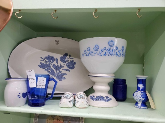 Blue and white shelf grouping including Pfaltzgraff, federal glass mixing bowl, cobalt and ceramic