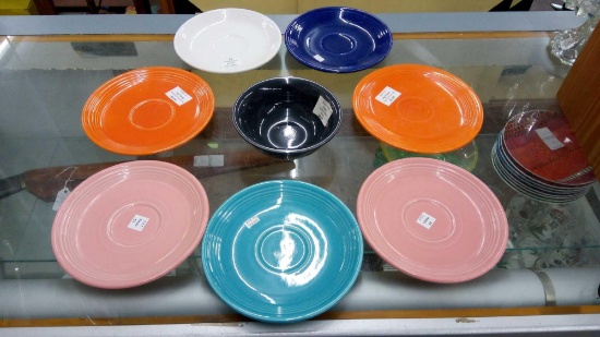 (8) Pcs Some Older Fiesta DINNERWARE Dishes, Including (2) radioactive red plate/saucer