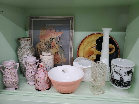 Shelf grouping including mid century swirl bowl, seaworld mug, clown bell, milk glass, speckled