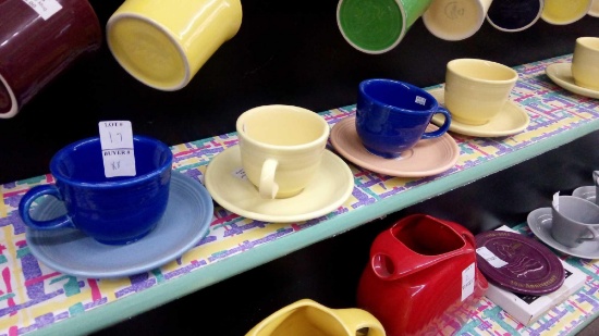 (8) PC FIESTA MUGS AND SAUCERS MULTI COLORED,.BLUE YELLOW TAN