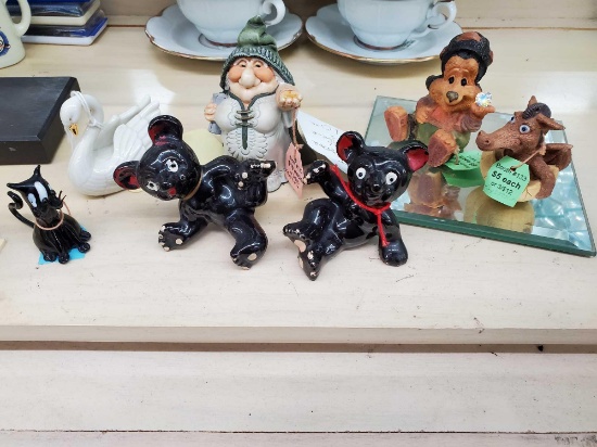 Miniature figurines including playful black bear salt and pepper