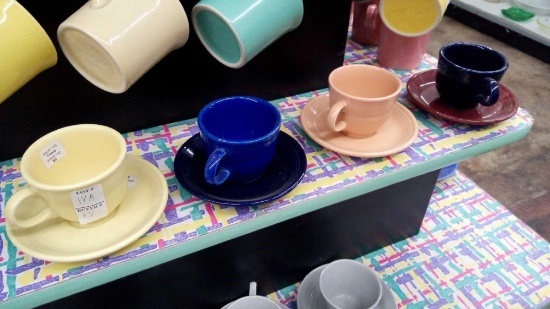 (8) PC FIESTA MUGS AND SAUCERS MULTI COLORED YELLOW BLUE PINK MAROON