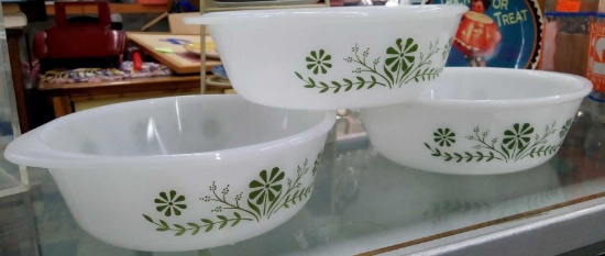 (3) vintage glass bake white and green flowers casserole