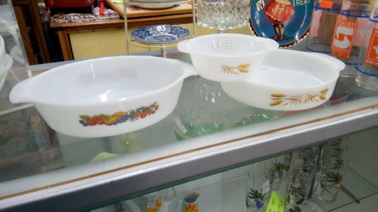 (3) Pc Vintage Fire King Casserole an Dish, WHEAT AND FRUIT BOWL