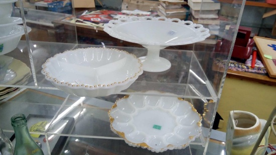 TRIO OF LOVELY MILK GLASS INCLUDING GOLDEN ACCENTED, PIERCED, SECTIONED AND CAKE STAND