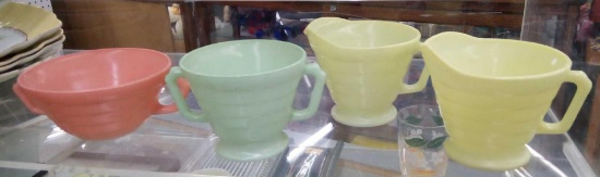 (4) PC COLORED HAZEL ATLAS, CREAMERS AND CUPS, PINK, GREEN, YELLOW