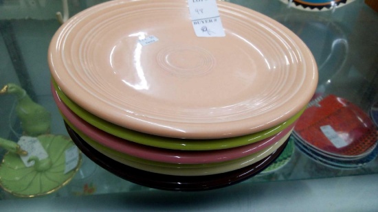 (7) 7.5" FIESTA DINNERWARE PLATES, PEACH, LEMONGRASS, PINK, IVORY, CHOCOLATE, COBALT