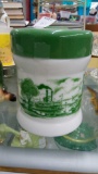 VINTAGE MILK GLASS CANISTER CIGAR JAR, TOBACCO, RIVERBOAT GREEN AND WHITE