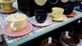(8) PC FIESTA MUGS AND SAUCERS MULTI COLORED BLUE PINK YELLOW GRAY