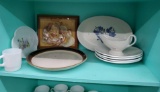 Shelf grouping including Federal glass, 3-D Multi layered handcrafted clown art, Pfaltzgraff,